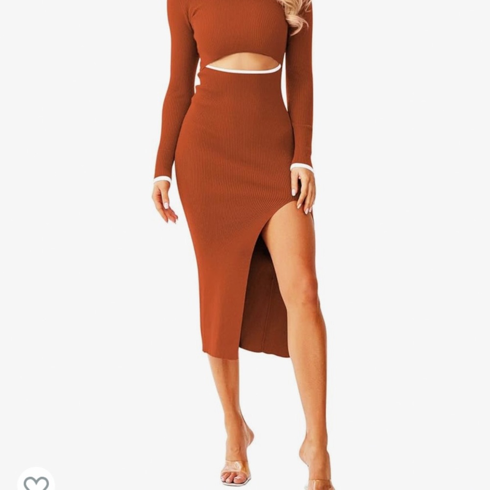 Ribbed Cutout Midi Dress in Rust